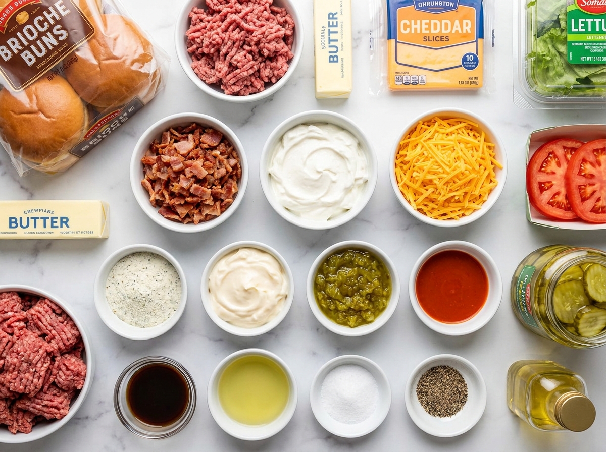 Ingredients for bacon cheddar ranch crack burgers on a wooden counter
