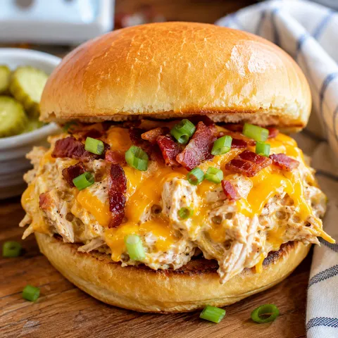 Crack chicken sandwich with bacon, cheddar, and green onions on a soft roll