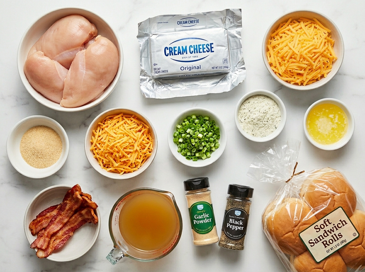 Ingredients for crack chicken sandwiches with bacon, cheddar, and soft rolls