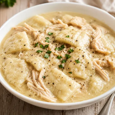Creamy chicken and flat dumplings in a white bowl with black pepper