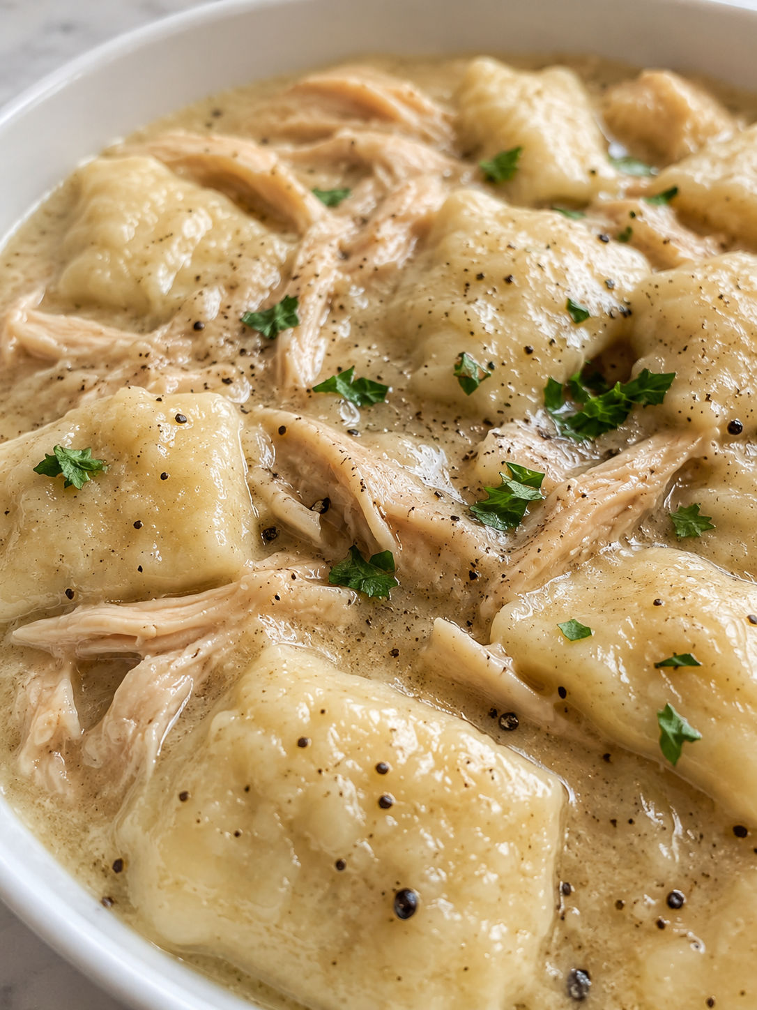 Cracker Barrel Homemade Chicken & Dumplings, plated and served