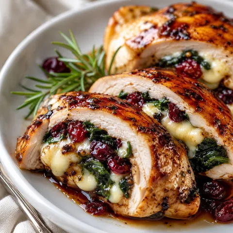 Cranberry spinach chicken breast stuffed with melted brie on a white plate