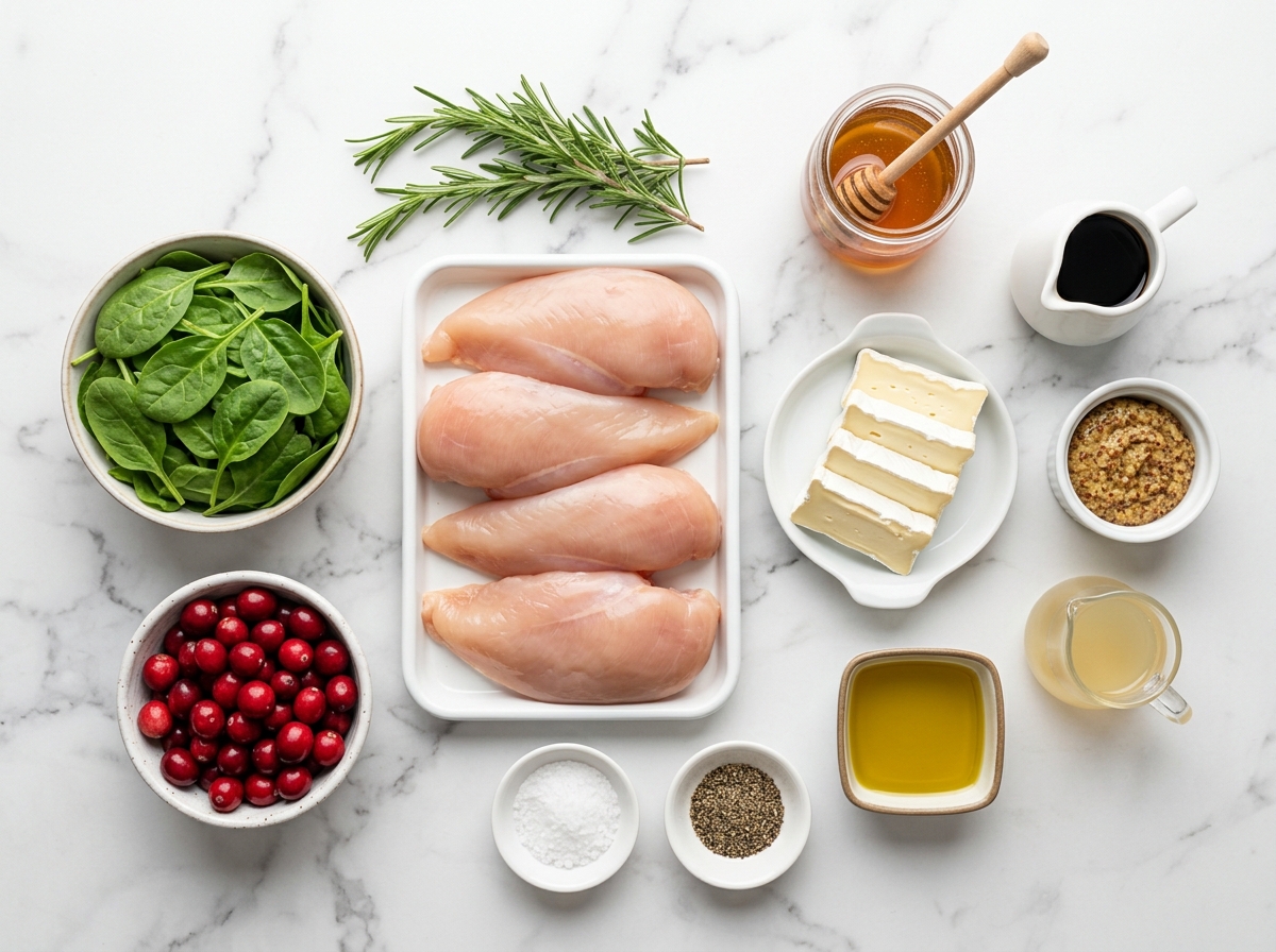Chicken breasts, brie, spinach, cranberries, rosemary, and glaze ingredients