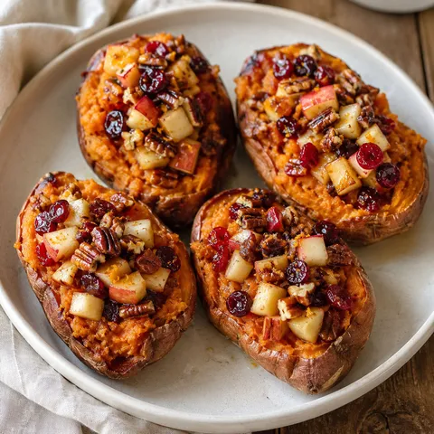 Twice-baked sweet potatoes with apples, cranberries, and pecans
