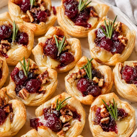 Cranberry Brie Bites with pecans and rosemary on a white platter