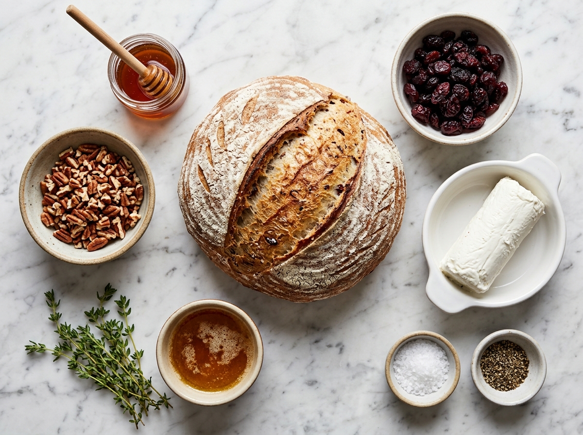 Sourdough loaf, goat cheese, cranberries, pecans, thyme, butter, and honey