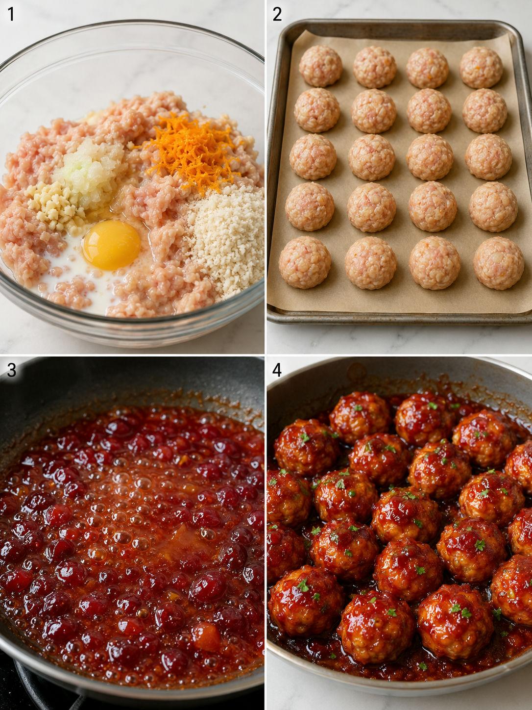 Four steps for making cranberry-orange chicken meatballs