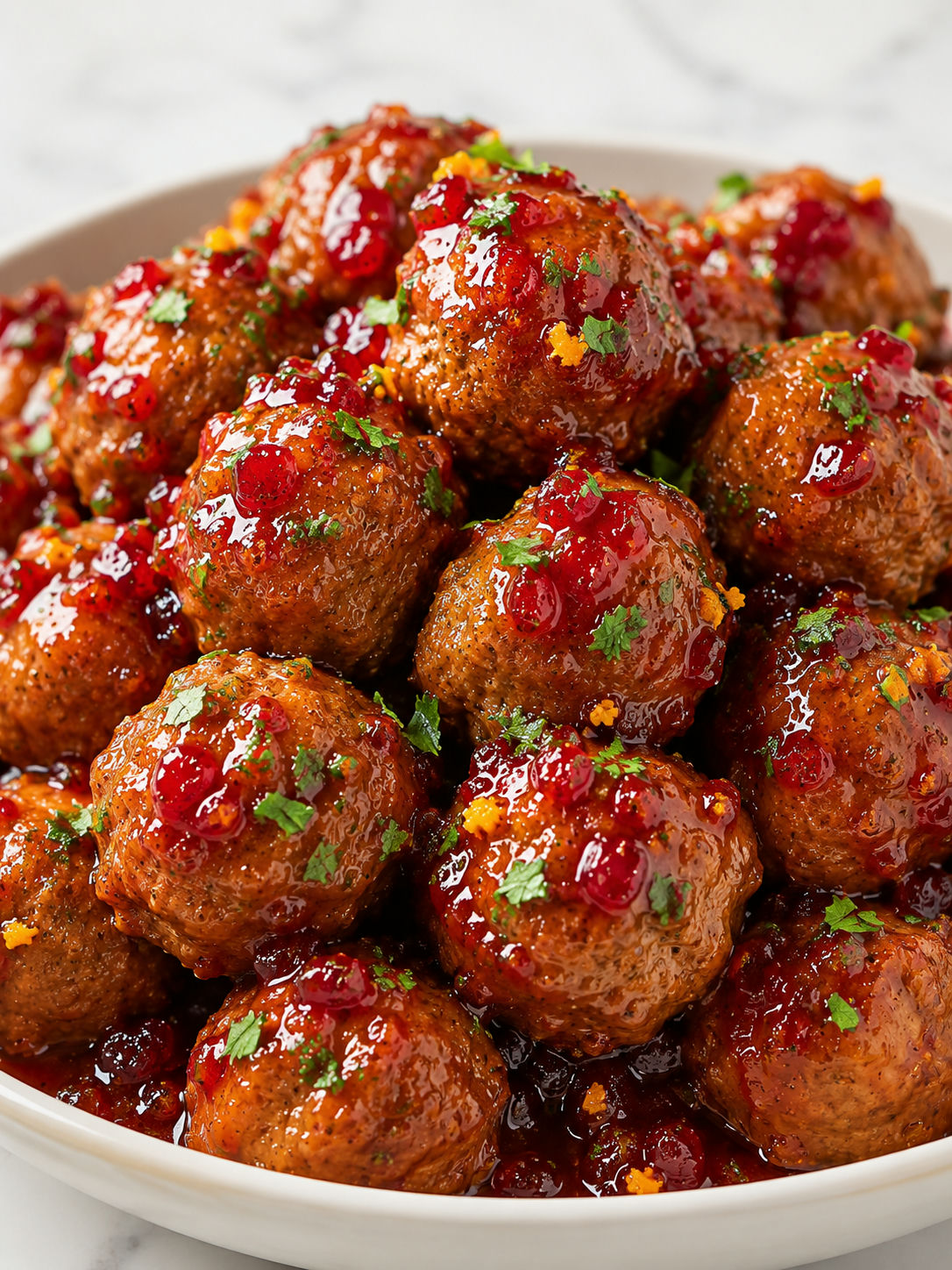 Glossy cranberry-orange chicken meatballs with orange zest and parsley