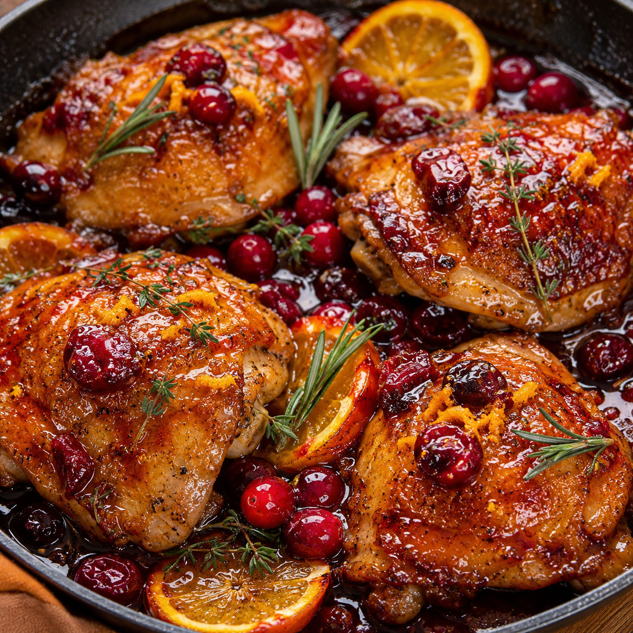 Cranberry-orange glazed chicken thighs with herbs in a skillet