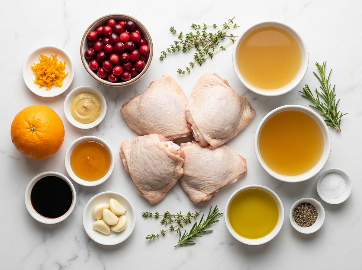 Ingredients for cranberry-orange chicken with herbs on a wooden surface