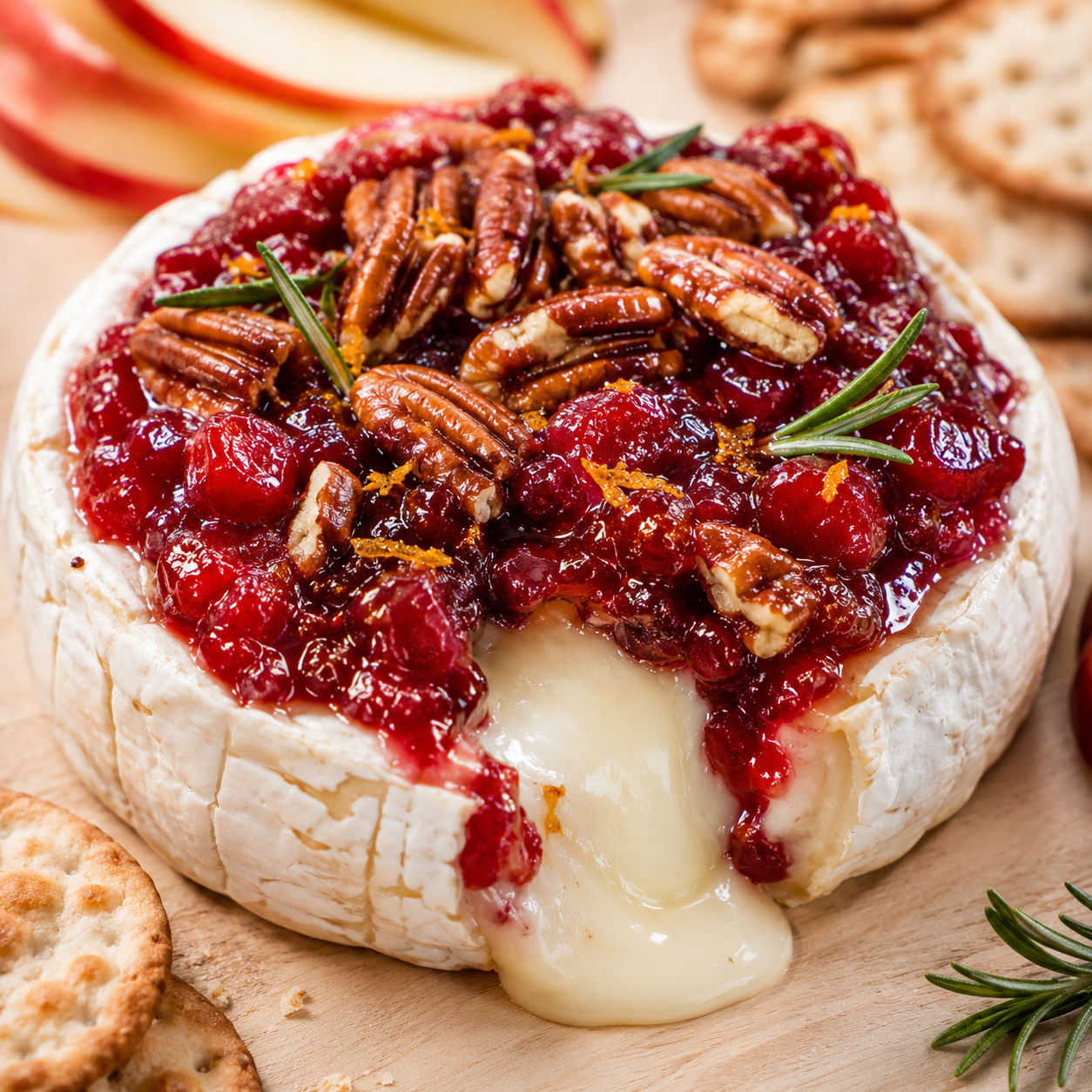 Cranberry pecan baked brie with rosemary on a wooden board