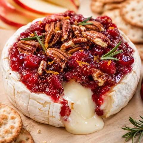 Cranberry pecan baked brie with rosemary on a wooden board