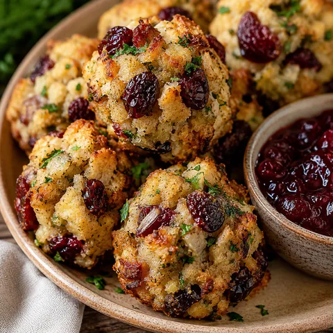 Golden turkey stuffing balls with herbs and cranberry sauce