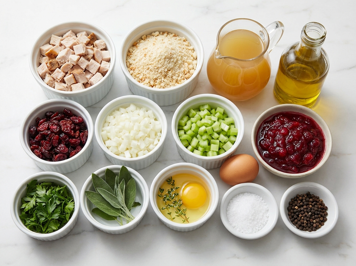 Ingredients for turkey stuffing balls with cranberries and herbs