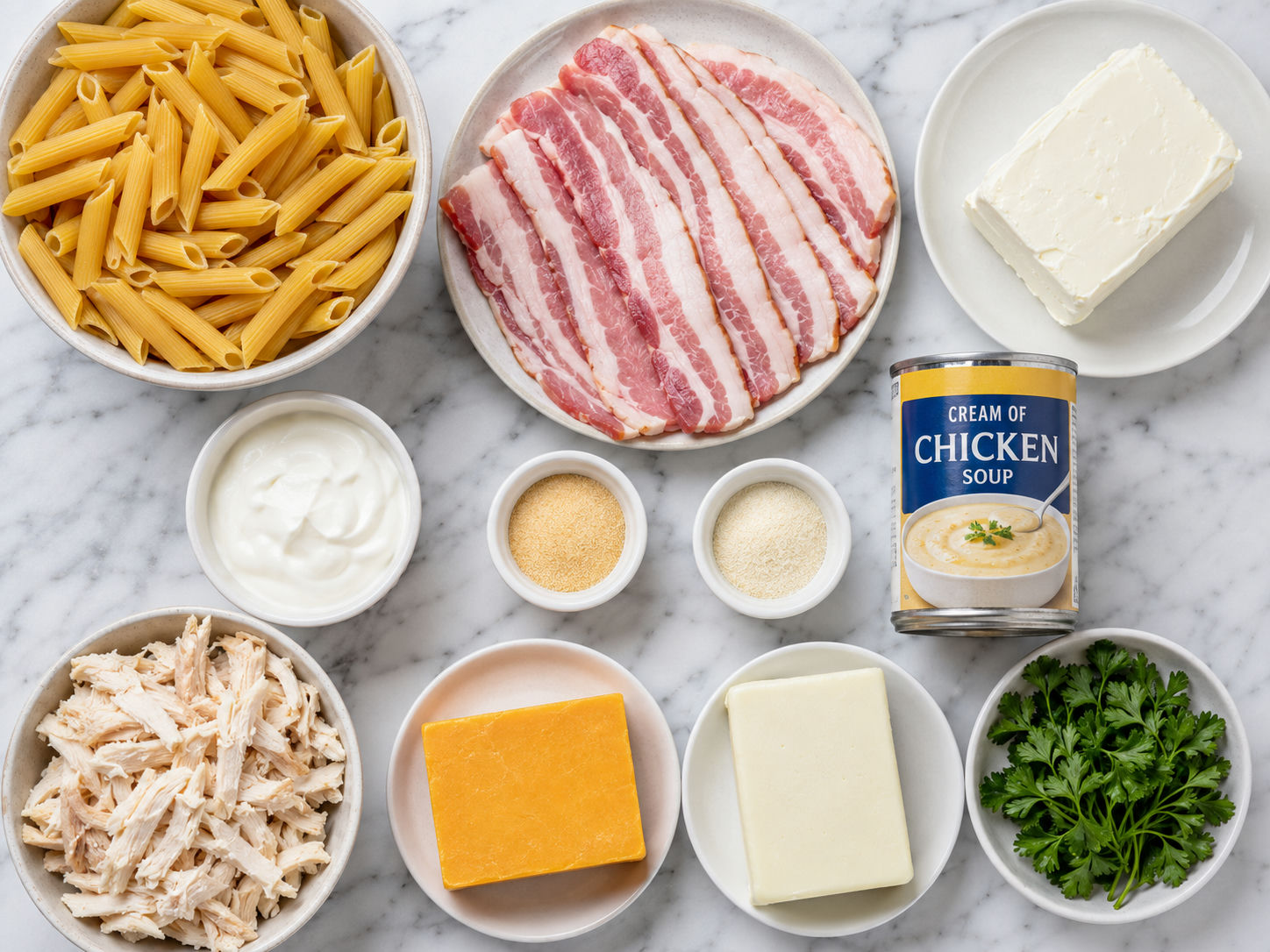 Raw ingredients for cheesy chicken bacon pasta bake including penne, bacon, cream cheese, cheddar, and mozzarella on marble