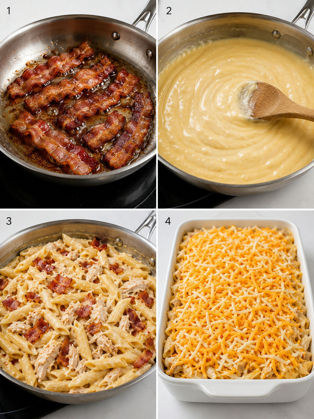 Four cooking steps for cheesy chicken bacon pasta bake from crisping bacon to topping with melted cheese