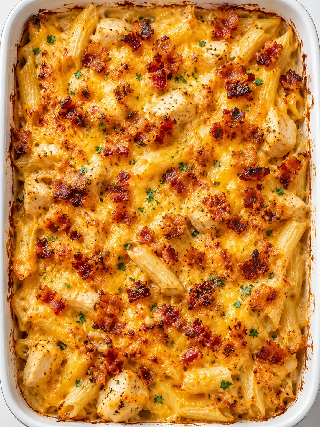 Overhead cheesy chicken and bacon pasta bake with bubbling golden cheese crust and crispy bacon crumbles