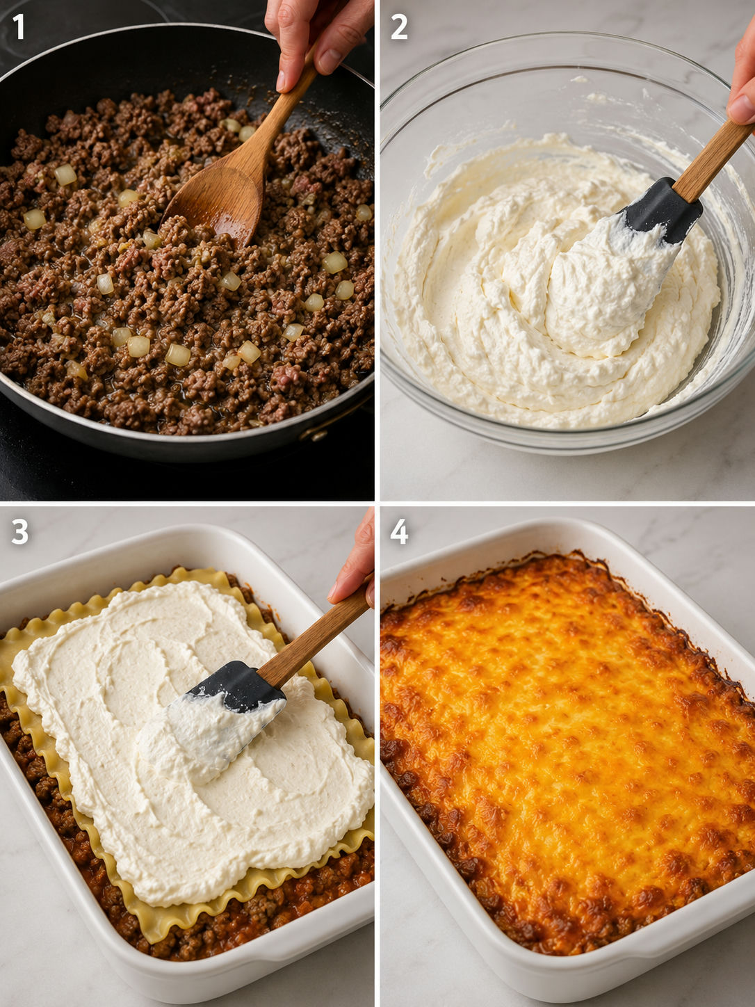 Four cooking steps for Crazy Good Casserole from browning beef to the finished golden bake