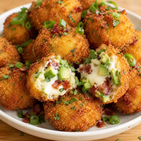 Golden fried cream cheese avocado bacon bites stacked on a white plate with cilantro