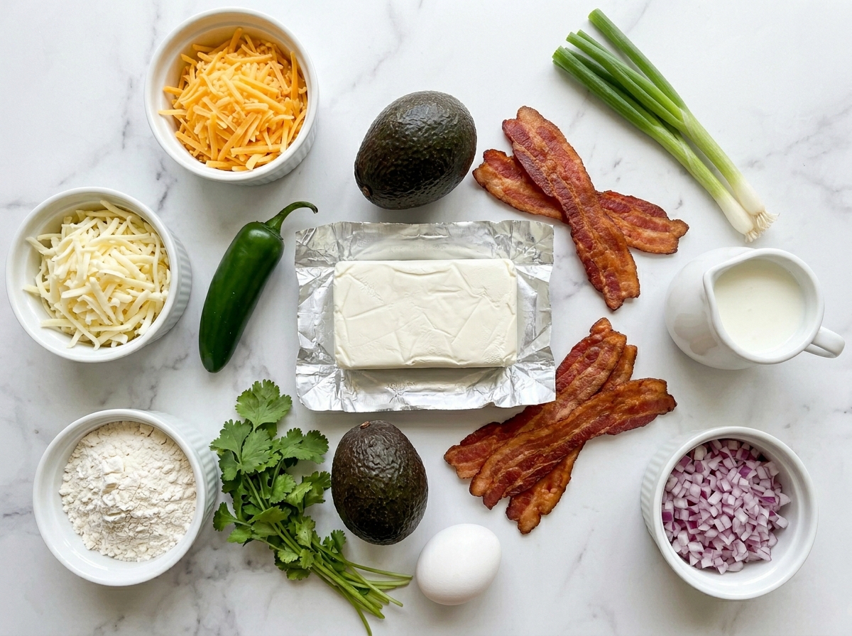 Raw ingredients for cream cheese avocado bacon bites on a wooden surface