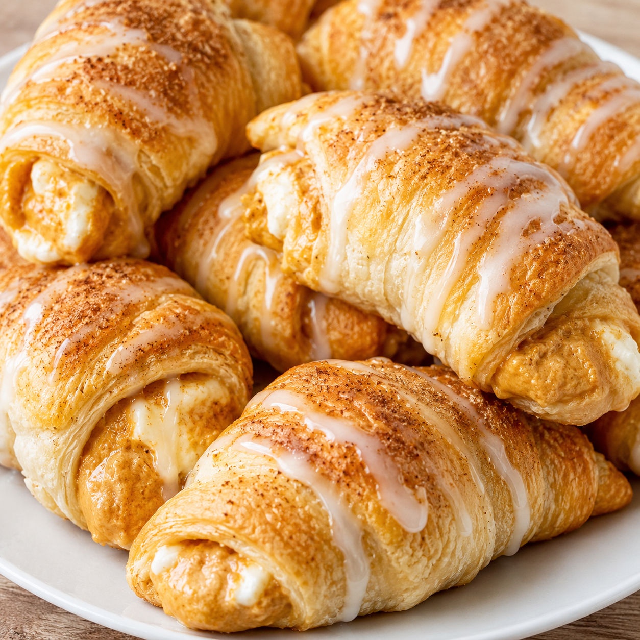 Golden cream cheese pumpkin pie crescent rolls drizzled with glaze on a white plate