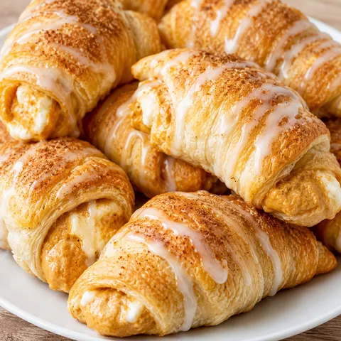 Golden cream cheese pumpkin pie crescent rolls drizzled with glaze on a white plate