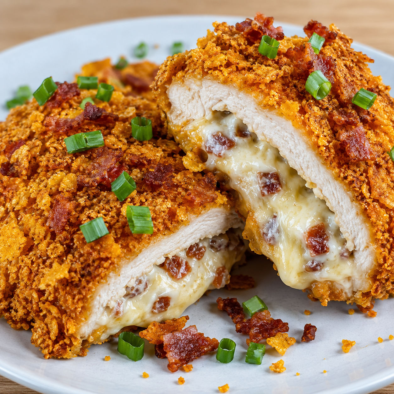 Cream cheese and bacon Doritos chicken sliced with crunchy orange coating