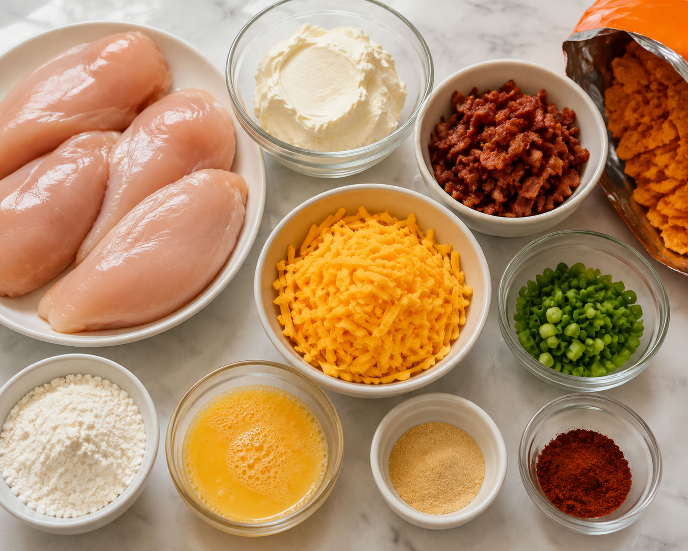 Ingredients for cream cheese bacon Doritos chicken on a kitchen counter