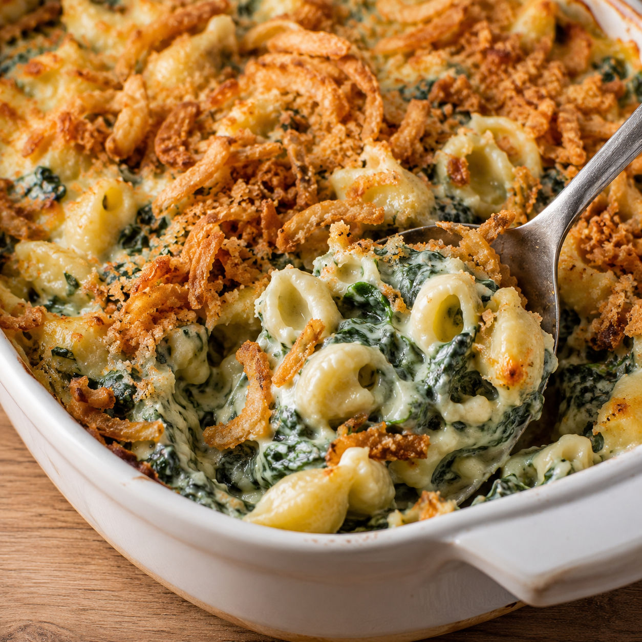 Baked creamed spinach mac and cheese with crispy fried onion and panko topping