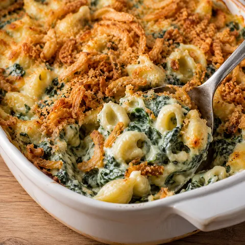 Baked creamed spinach mac and cheese with crispy fried onion and panko topping