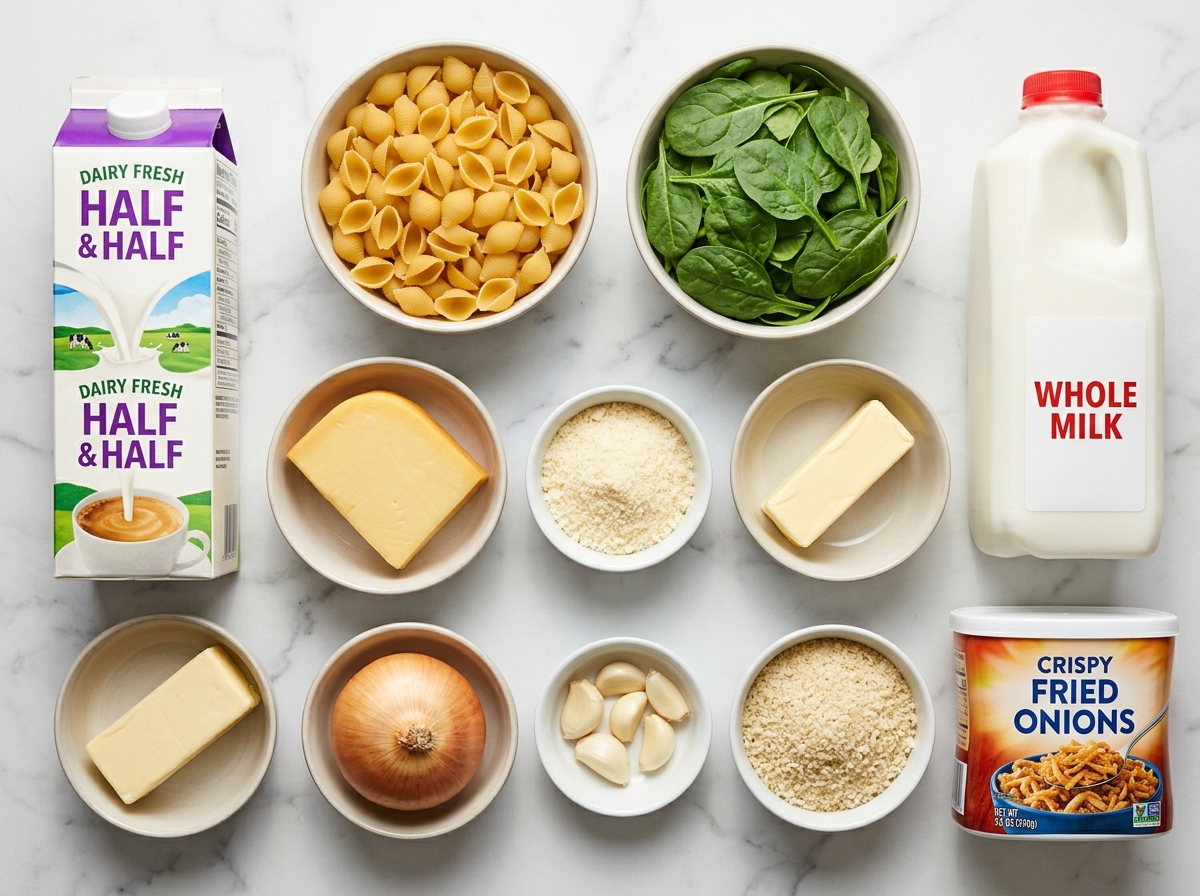 Raw ingredients for creamed spinach mac and cheese on a wooden board