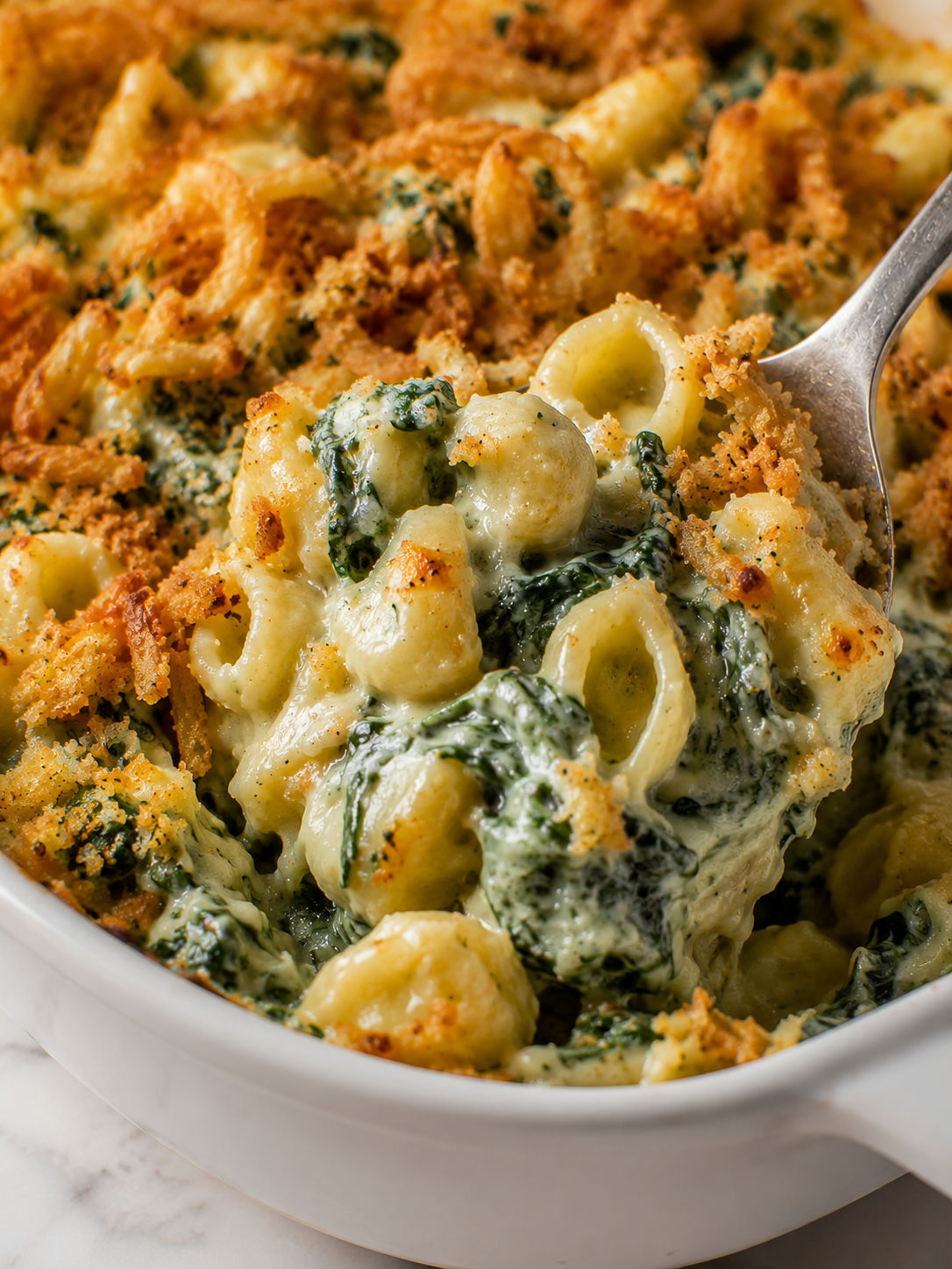 Creamed Spinach Mac & Cheese, plated and served