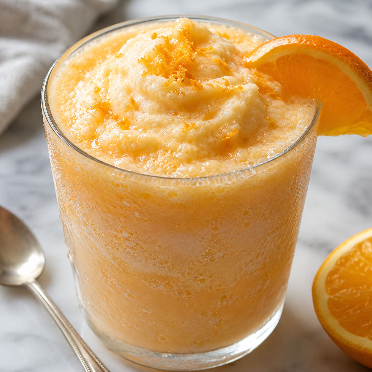 Creamy orange yogurt slushy with orange zest and a wedge