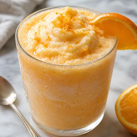 Creamy orange yogurt slushy with orange zest and a wedge