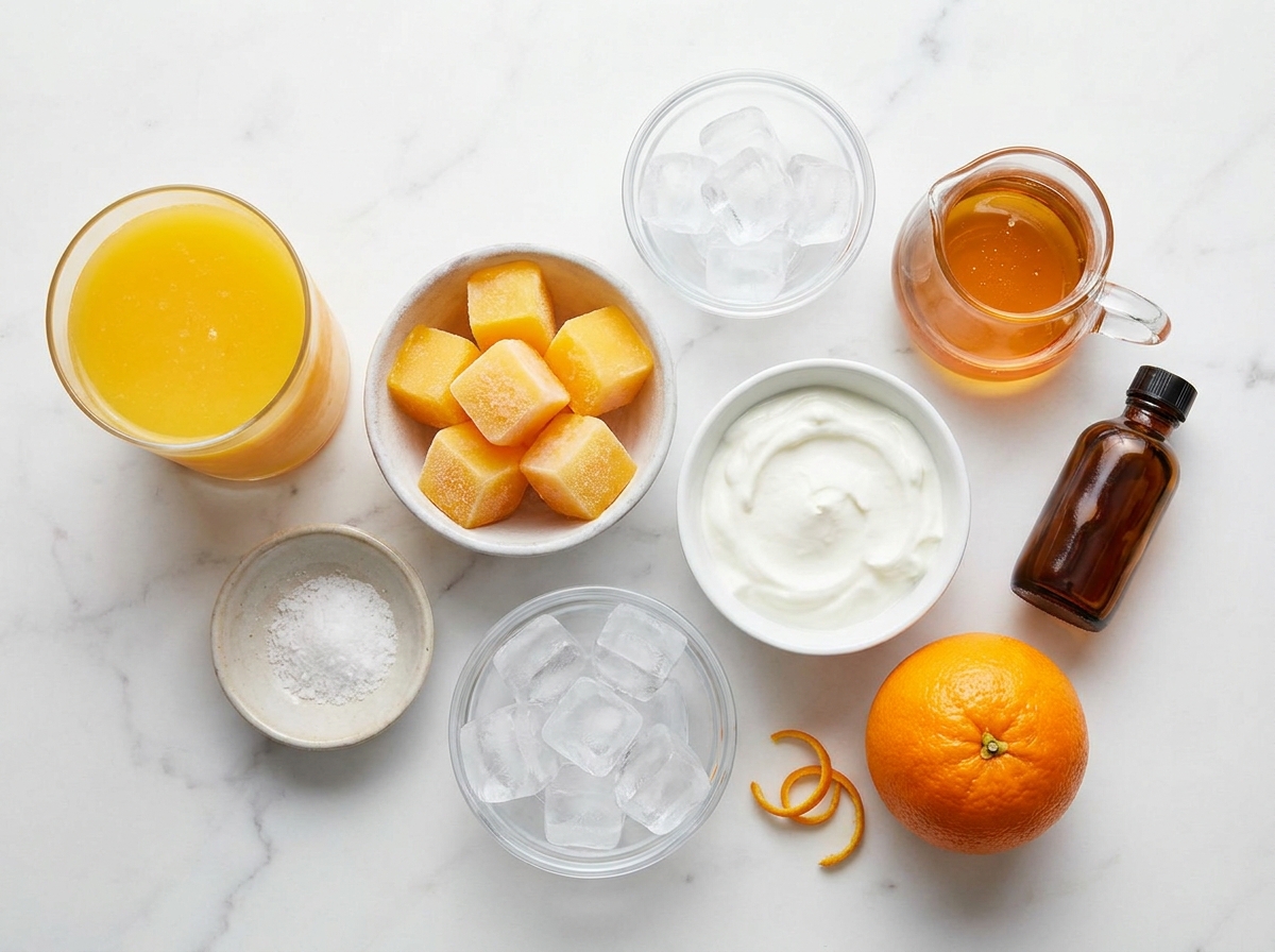 Orange juice, yogurt, ice, honey, vanilla, and fresh orange for a slushy
