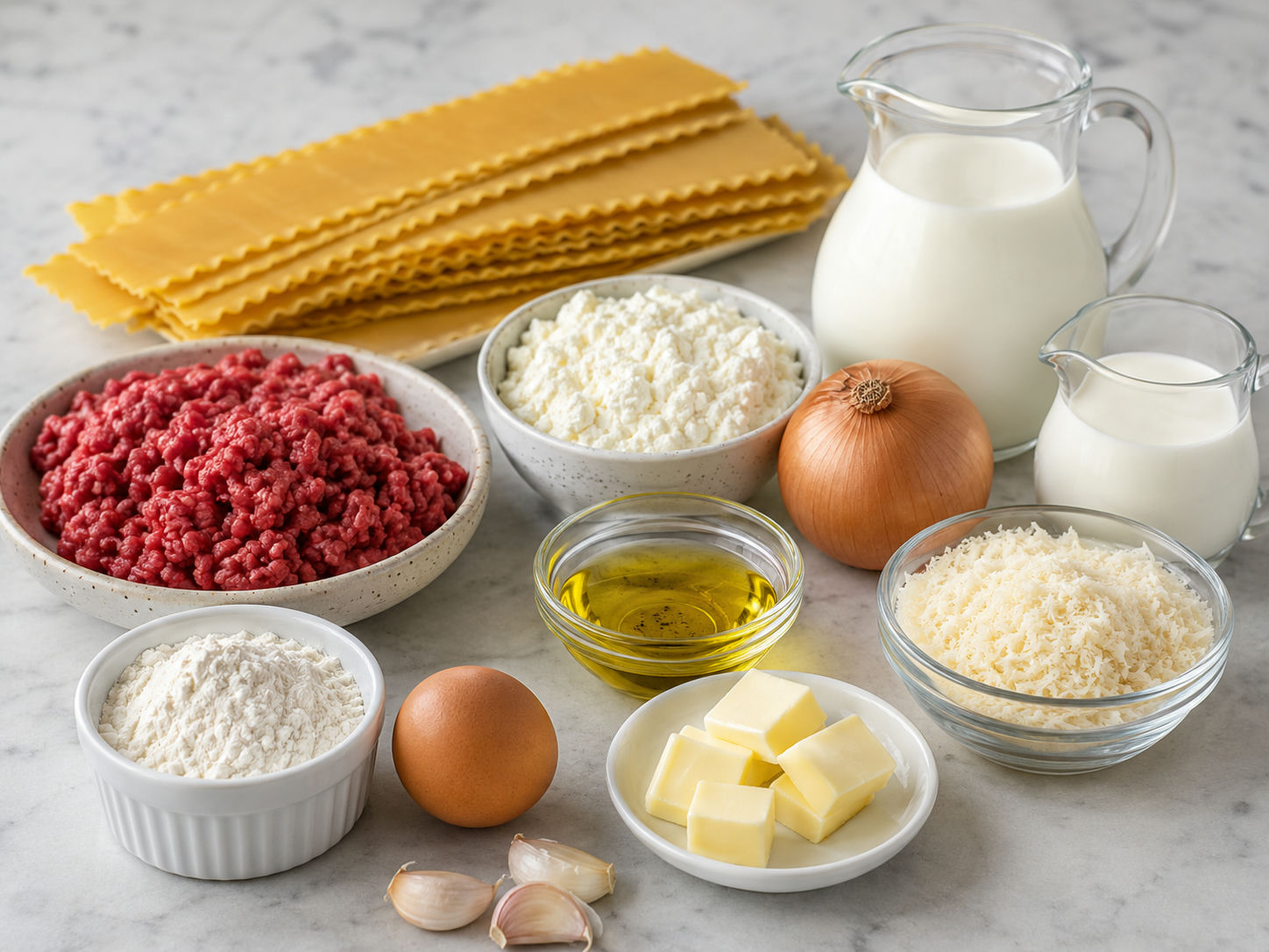 Ingredients for Creamy Alfredo Beef Lasagna laid out