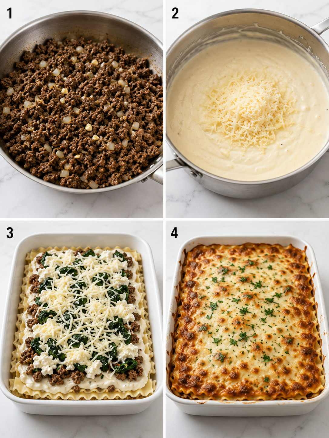 Four cooking steps for creamy Alfredo beef lasagna from beef to baked layers