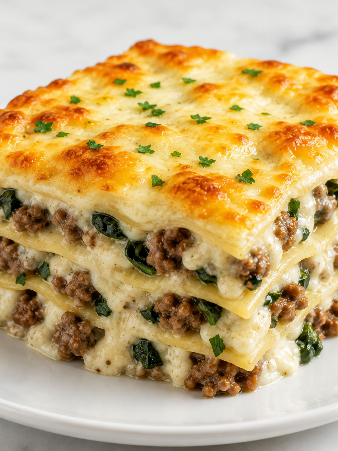 Creamy Alfredo beef lasagna with a fork lifting a cheesy layered bite