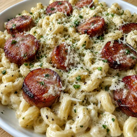 Creamy Alfredo pasta with smoked sausage, Parmesan, and parsley