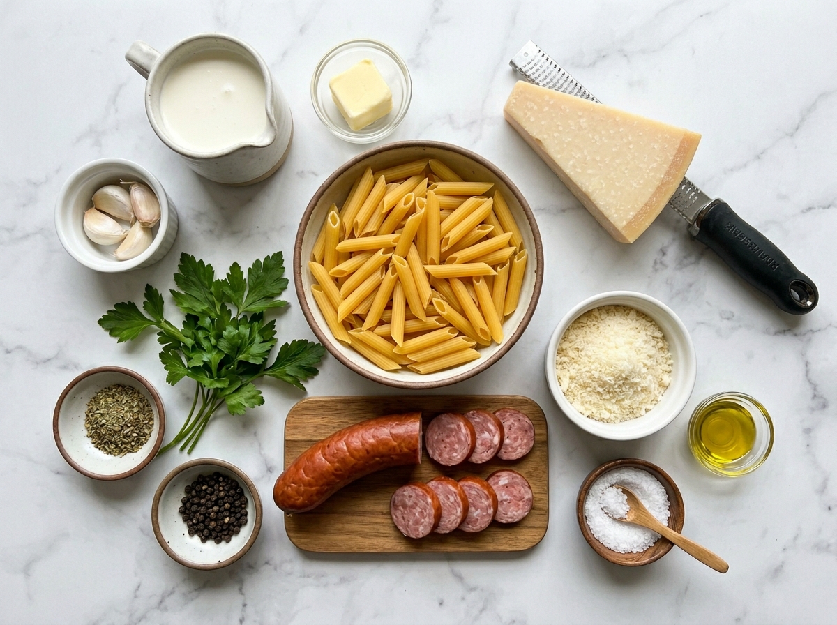 Ingredients for smoked sausage Alfredo pasta with Parmesan and cream