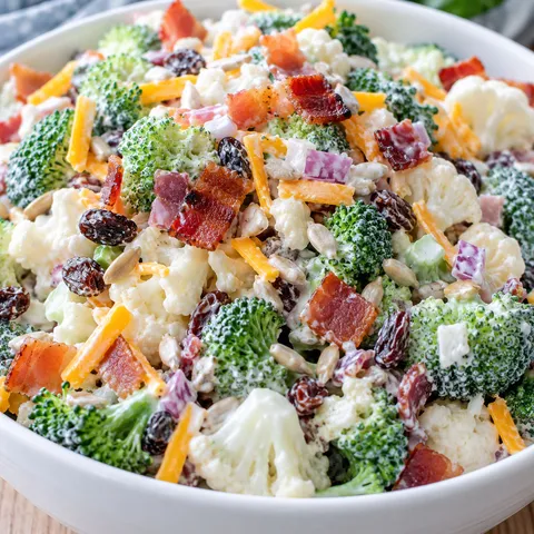 Creamy Amish broccoli salad with bacon, cheddar and cauliflower