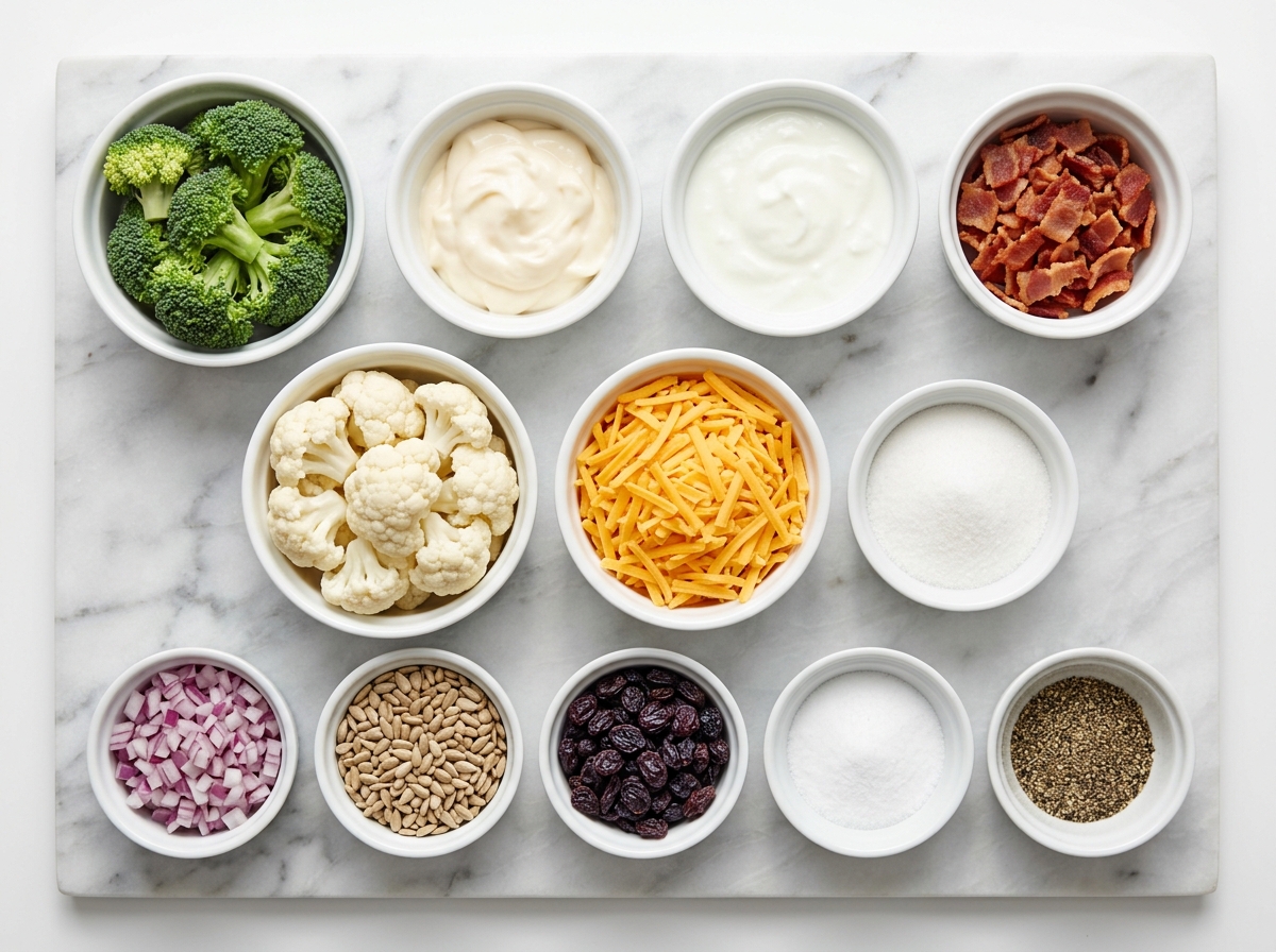 Ingredients for creamy Amish broccoli salad on a wooden table