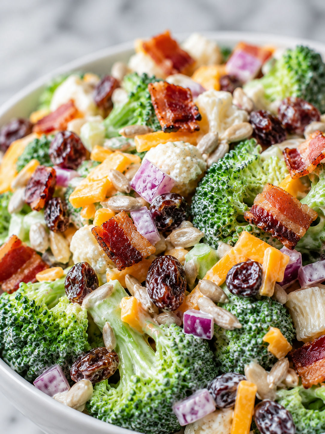 Creamy Amish Broccoli Salad, plated and served