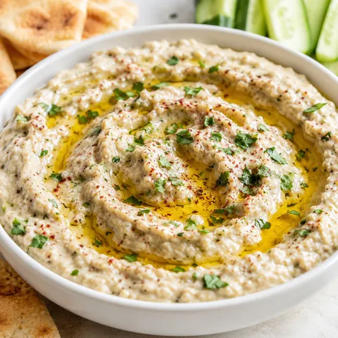 Creamy baba ganoush with olive oil, parsley, sumac, pita, and cucumber