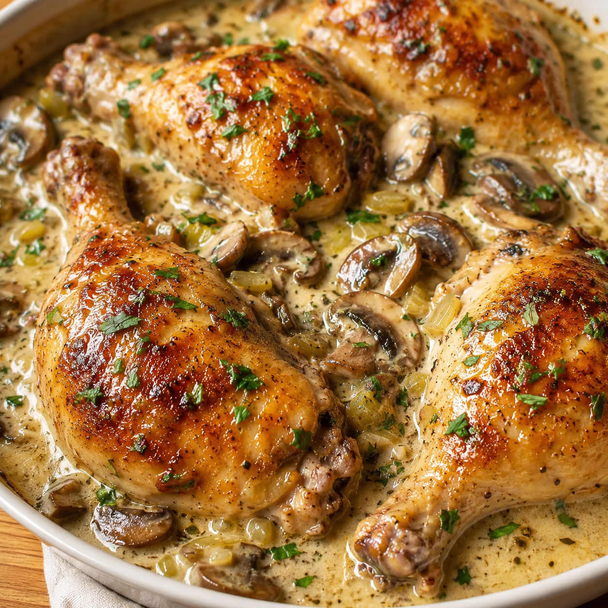 Creamy baked chicken legs with mushroom sauce and parsley