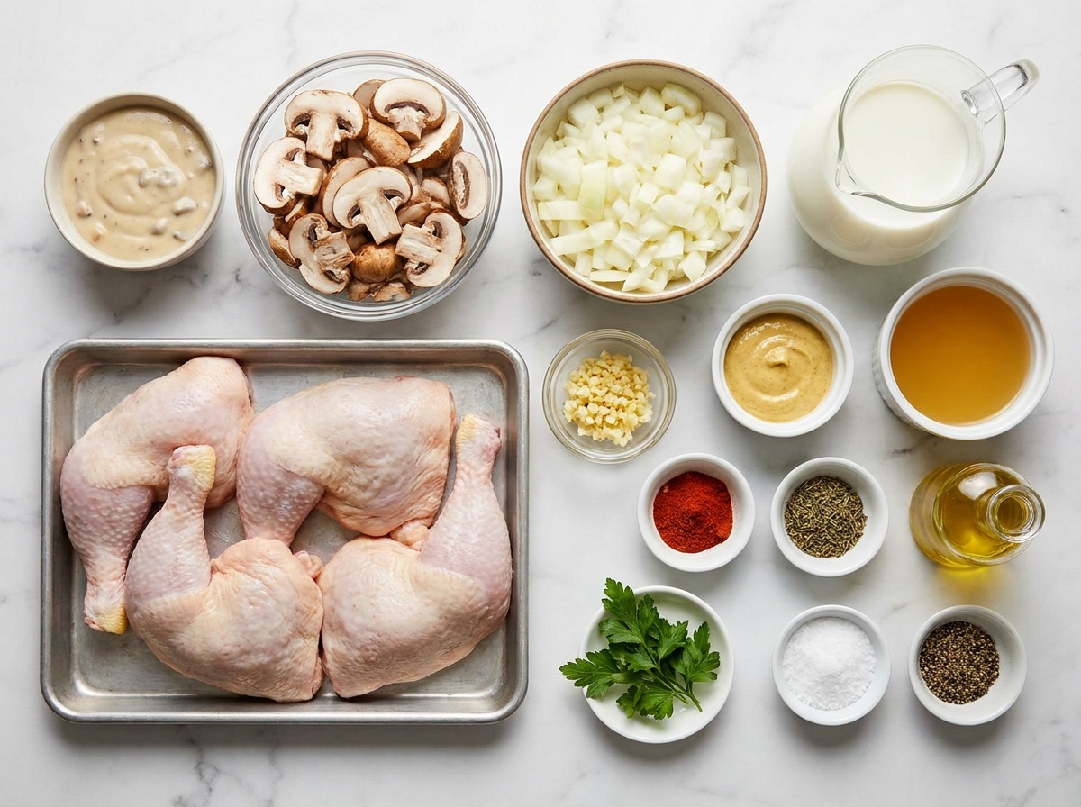 Chicken legs, mushrooms, cream sauce ingredients, and parsley