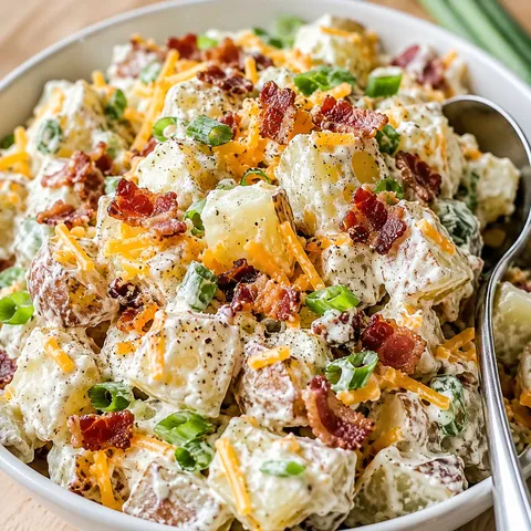 Creamy baked potato salad with bacon, cheddar, and green onions