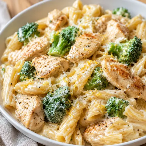 Creamy broccoli chicken pasta with Parmesan and garlic in a white bowl
