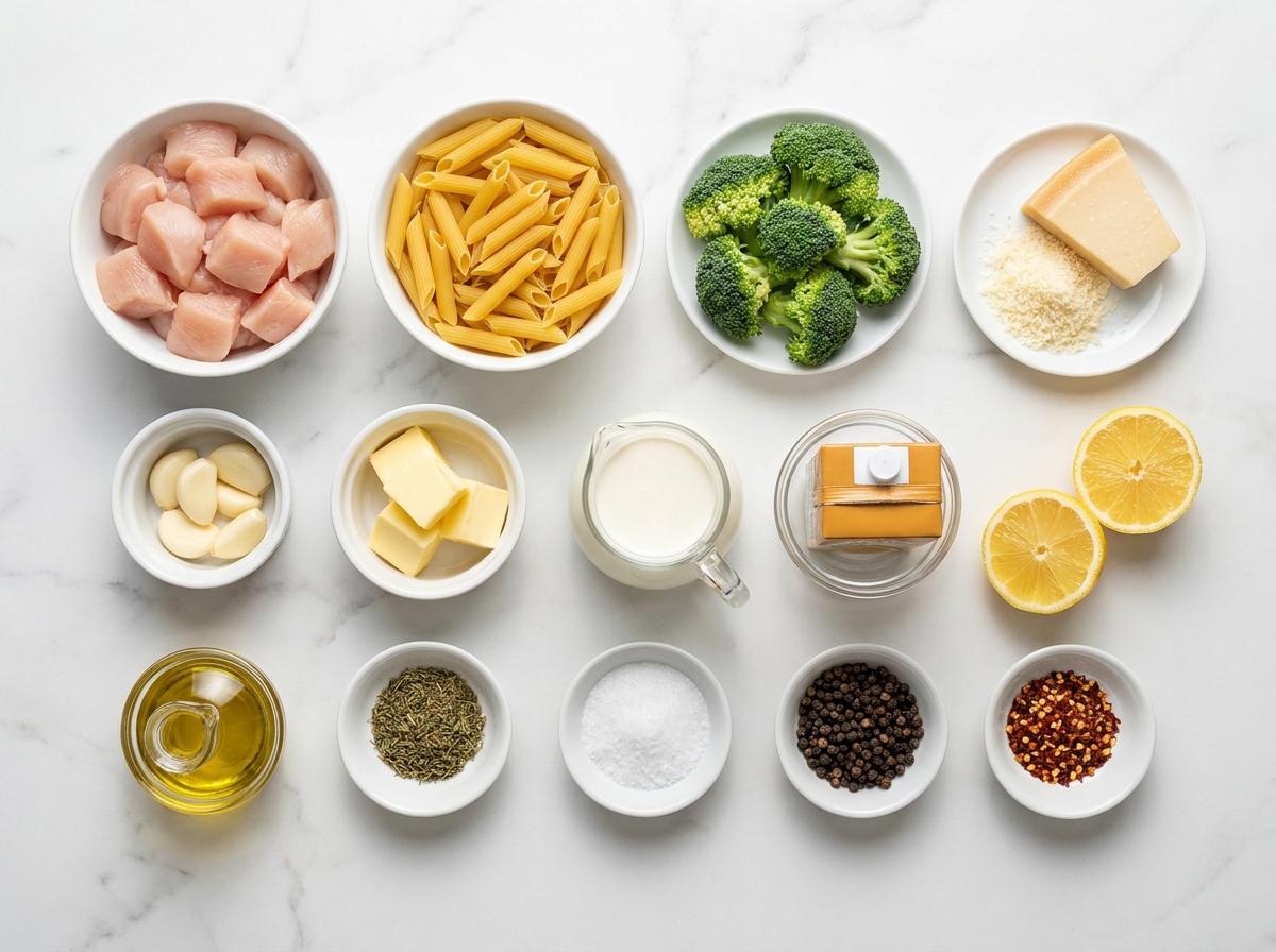 Ingredients for creamy broccoli chicken pasta with Parmesan and garlic
