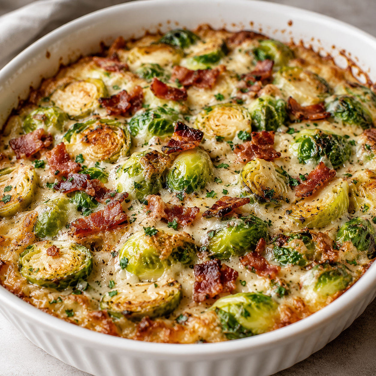 Creamy Brussels sprouts with bacon in a white baking dish